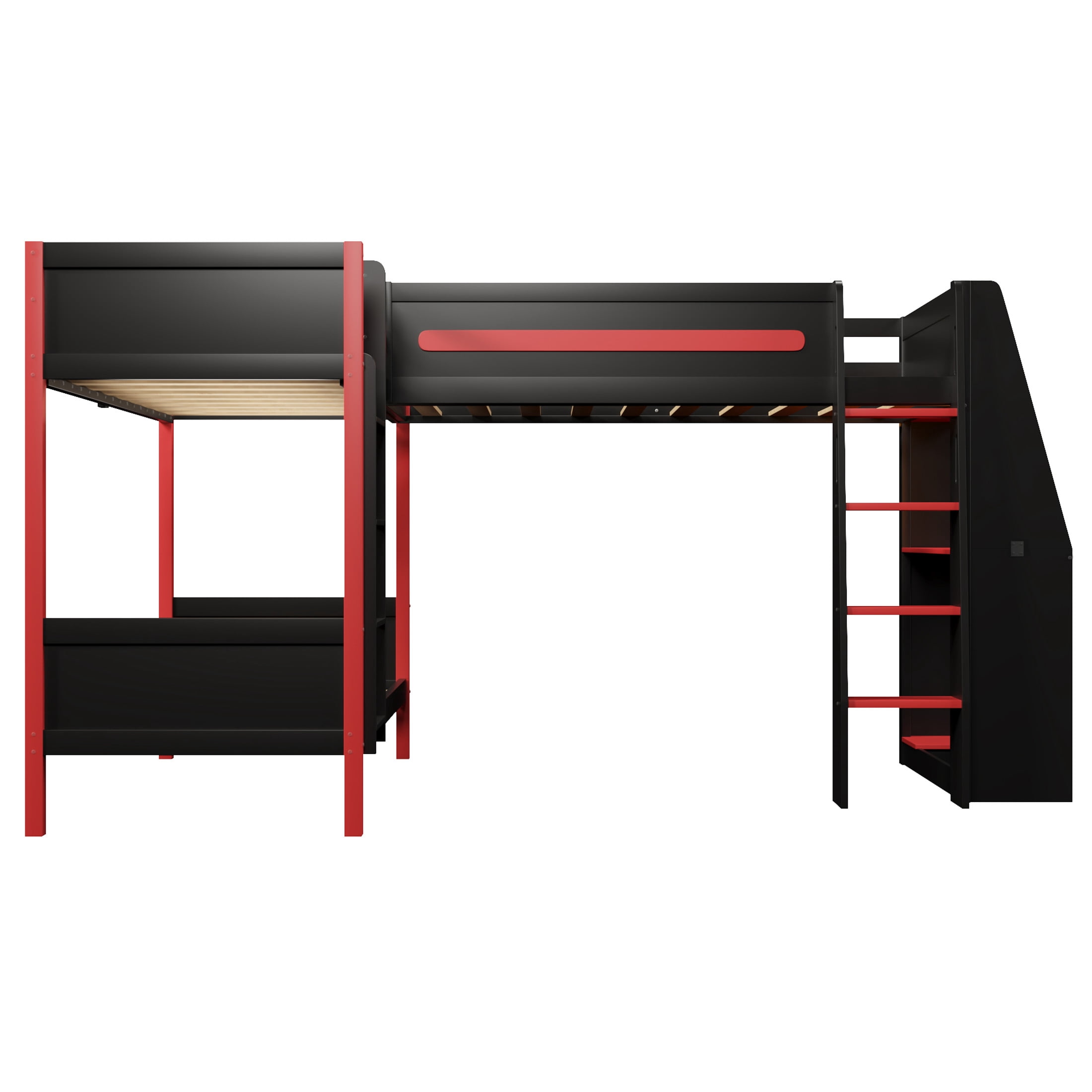 Noble House Renee L-Shaped Twin Bunk Bed with Gaming Loft and Desk, LED Lights and Shelves, Black and Red