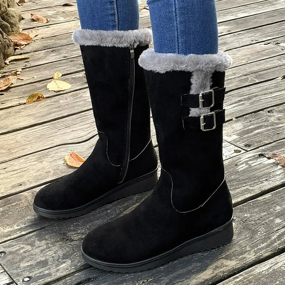 YOUSNH Fashion Women Flock Winter Keep Warm Thick Sole Square Heels Zipper Snow Mid Booties Round Toe Shoes Boots for Lady Black 7