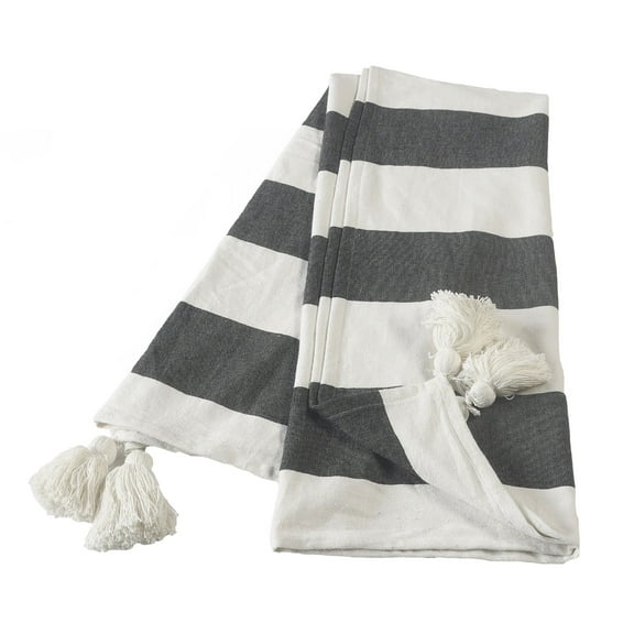 Laddha Home Designs Charcoal Gray and White Cabana Striped Throw Blanket with Tassels 50" x 60"