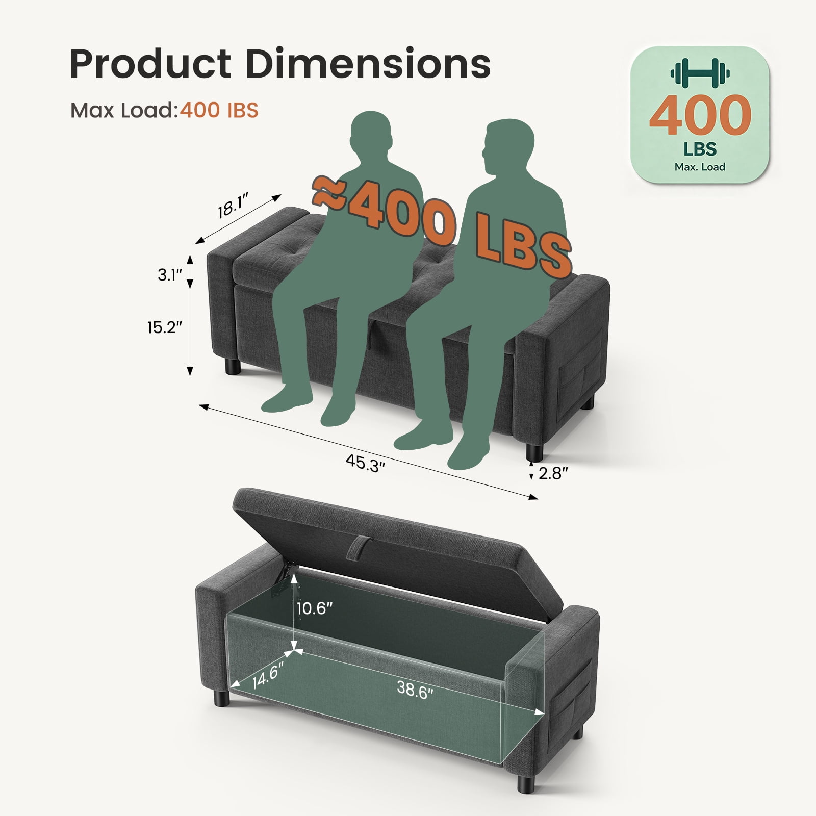 46" Storage Ottoman Bench with Hidden Compartment & Side Pocket,400 lbs Capacity,Safety Hinge,Multi-Functional End of Bed/Entryway Storage,Gray