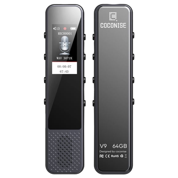 Grabadora de voz digital COCONISE de 64 GB con grabación HD negra