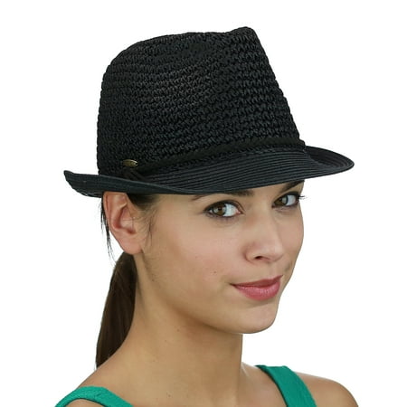 Kakadu Suede Hat - C.C Braided Faux Suede Band Open Weaved Spring Summer Trilby Fedora Hat, Black