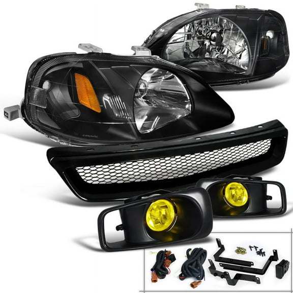 Spec-D Tuning Black Headlights   Yellow Bumper Fog Lights   Black Mesh Grill Compatible with 1999-2000 Honda Civic 2/3/4Dr