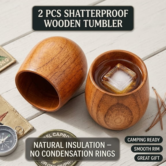 2 Pcs 8oz Shatterproof Wooden Bourbon Drinking Glass Natural Wood Whiskey Tumbler Gift Set for Men