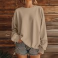 thumbnail image 2 of WTOBBY Women's Solid Color Round neck Sweatshirt Long Sleeve Casual Loose Fit Fleece Pullover Top Fall Fashion Wear for Daily Activities,Light Brown XL, 2 of 5
