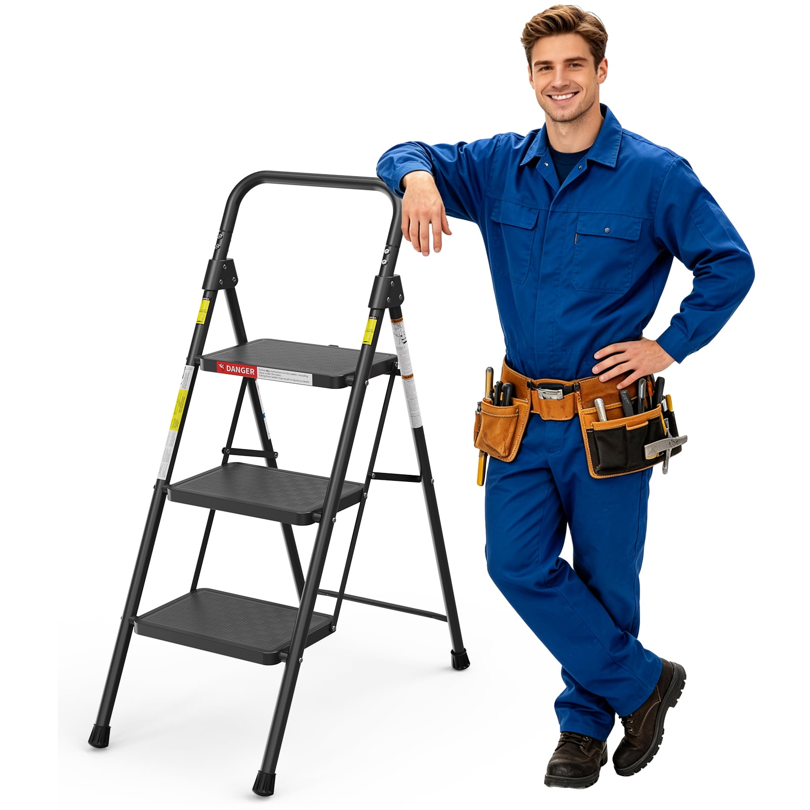ASoopher 3 Step Ladder with Anti-Slip Pedal, Sturdy Steel Step Stool for Kitchen, Black