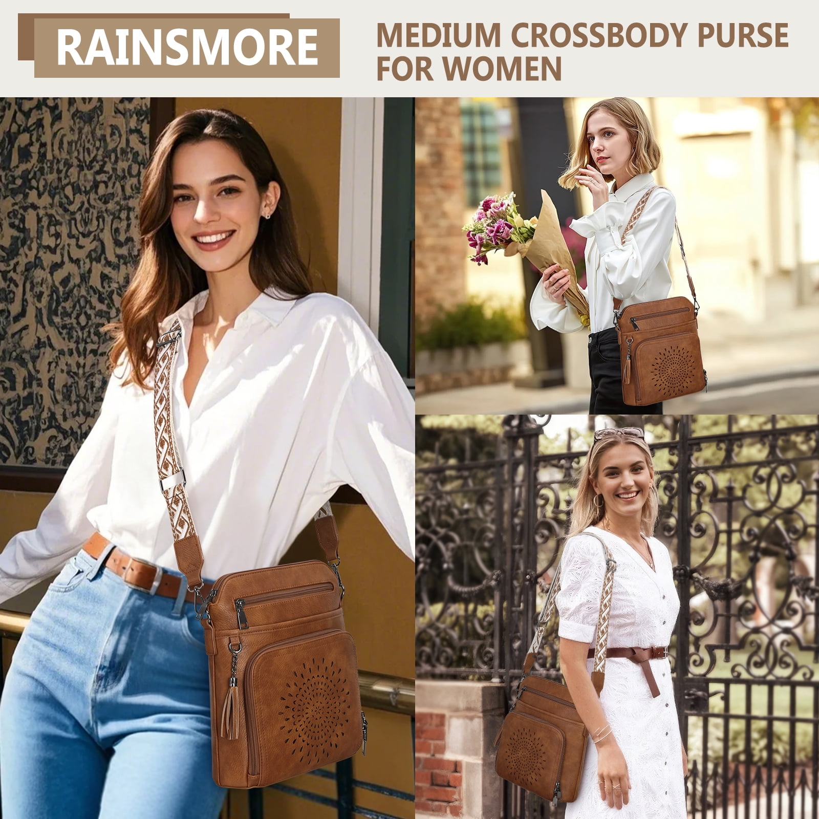 RAINSMORE Crossbody Bags for Women Leather Crossbody Purse Designer Womens Shoulder Handbags Trendy Cross Body Purse,Brown
