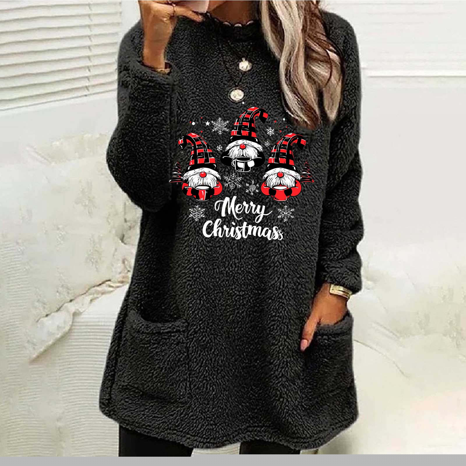 thumbnail image 2 of Feancey Christmas Fleece Sweatshirts for Women Novelty Gnome Printed Thermal Tops Winter Fuzzy Warm Loungewear Cozy Casual Loose Pullover with Pockets Black L, 2 of 5