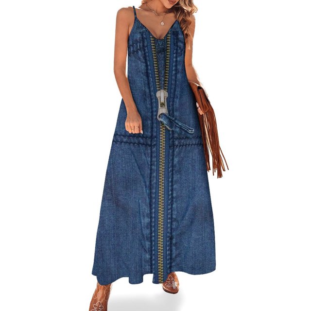 Vestido sin mangas con cremallera frontal azul transparente Me encantan los jeans azules Vestido vintage para eventos especiales