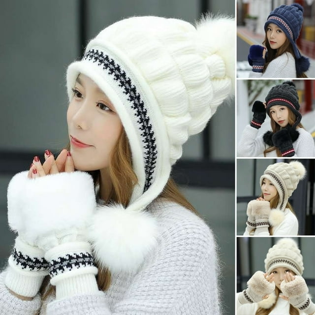 Fashion Winter Hat Gloves Set for Women Girls Warm Beanies Pompoms