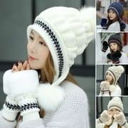 Fashion Winter Hat Gloves Set for Women Girls Warm Beanies Pompoms Winter Snow Ski Hats Knitted Caps and Gloves