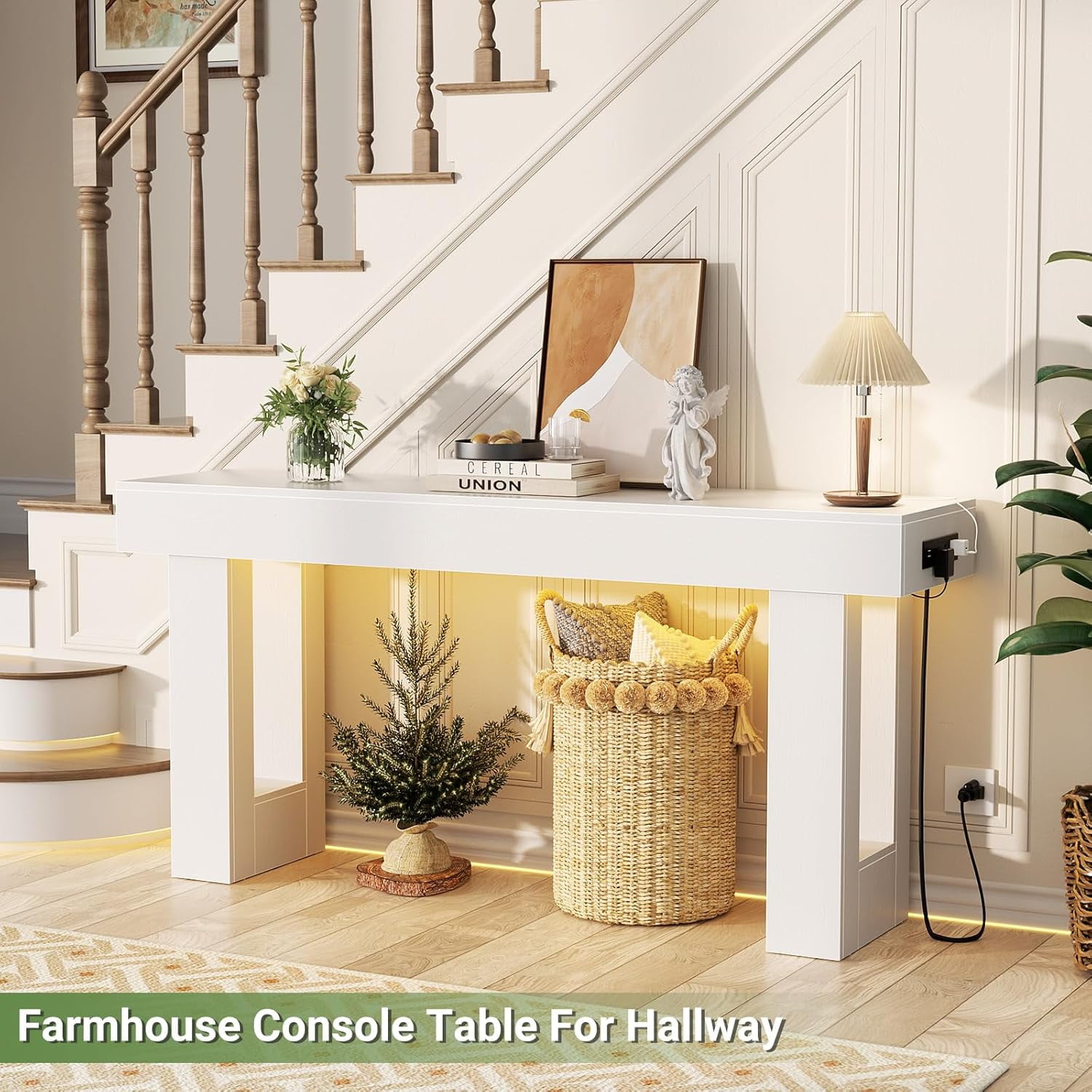 Homieasy 63'' Farmhouse Console Table with Power Outlets and Sensor Light, Wooden Entryway Table Narrow End Table with Storage for Entrance, Hallway, Living Room, Bedroom, White