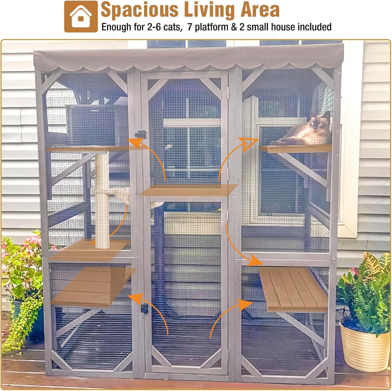 Aivituvin Large Catio Outdoor Cat Enclosure with Condos, Wood Window Catio Walk in Cat House, Kitty Shelter Indoor with with Door, Platform 70" Gray