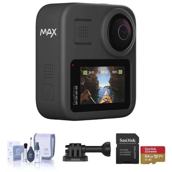 GoPro GoPro MAX Waterproof 360   Traditional Camera with Touch Screen Spherical 5.6K30 HD Video 16.6MP 360 Photos 1080p Live Streaming Stabilization Bundle with SD Card and Cleaning Kit