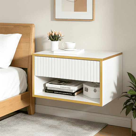 Catrimown White & Gold Floating Nightstand, Wall Mounted Bedside Table with Drawer & Open Shelf for Bedroom