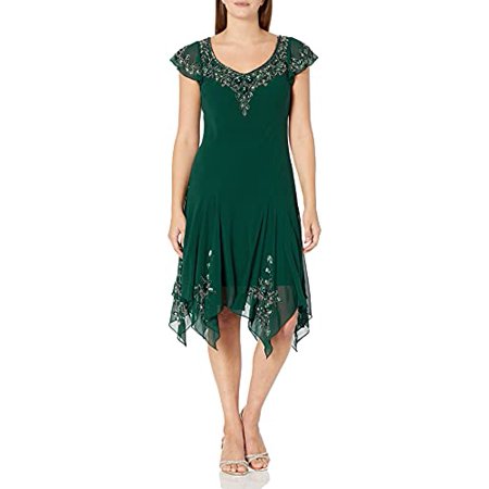 J Kara Womens Flutter Sleeve Hanky Hem Short Cocktail Beaded Dress, Hunter/Multi, 16
