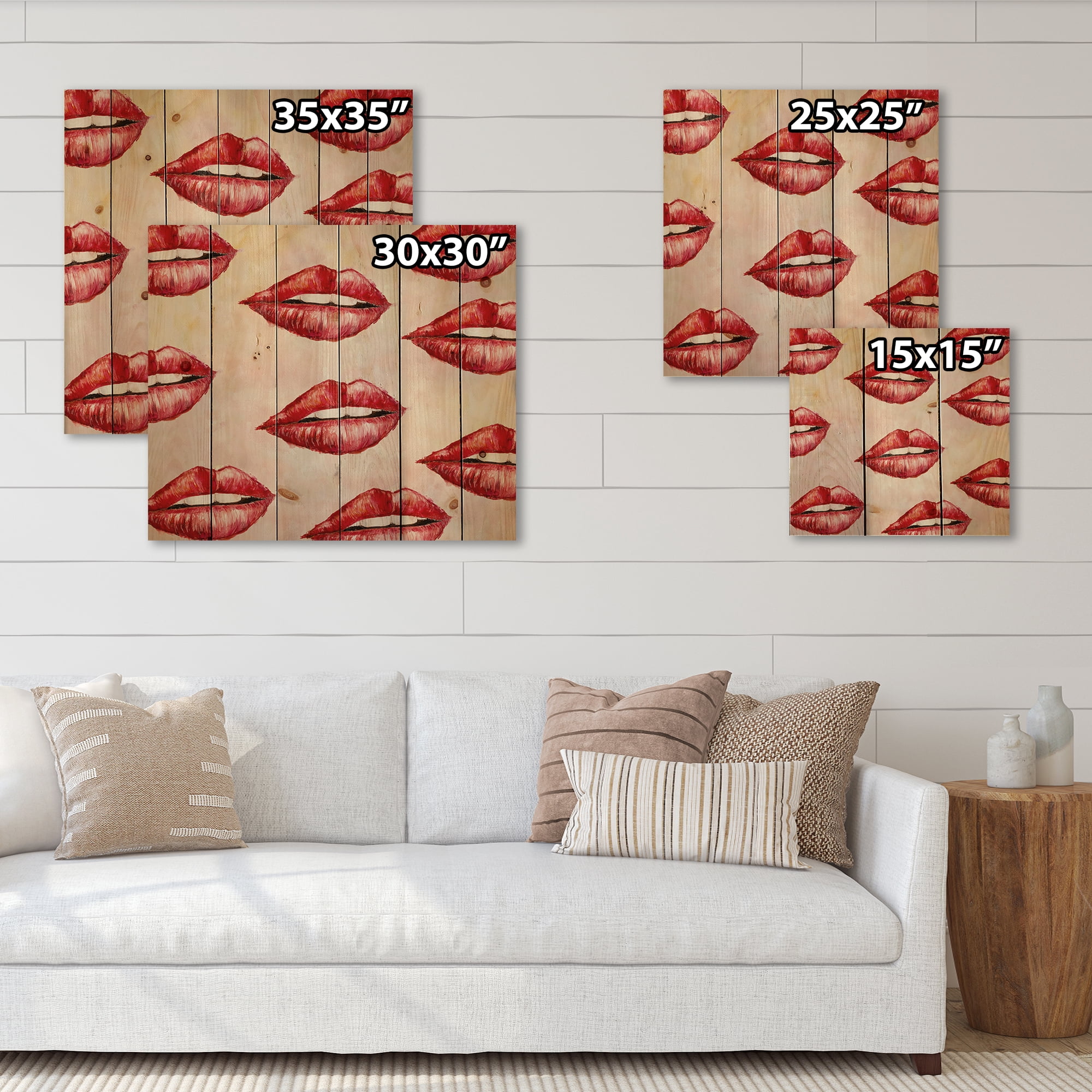 Designart 'Red Girl Lips Pattern' Modern Print on Natural Pine Wood
