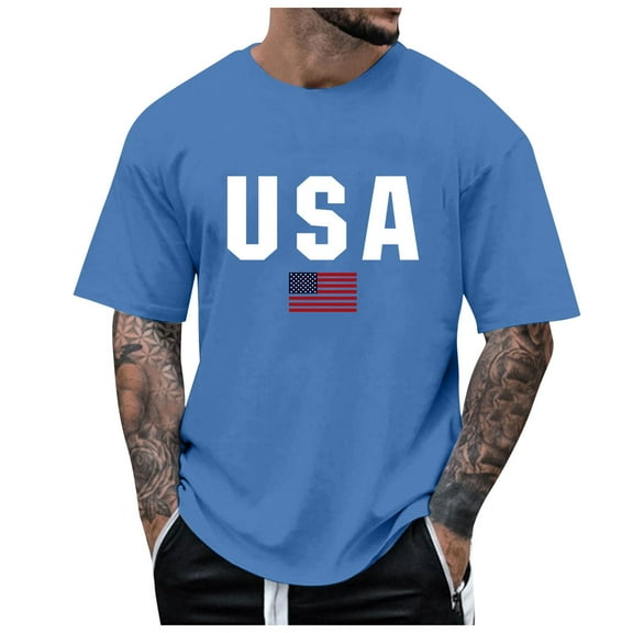 NIEWTR Men 4th of July T Shirt Independence Day USA Flag O Neck Short Sleeve Tees Independence Day Print Graphic Tops Mens T Shirt(Blue,3XL)