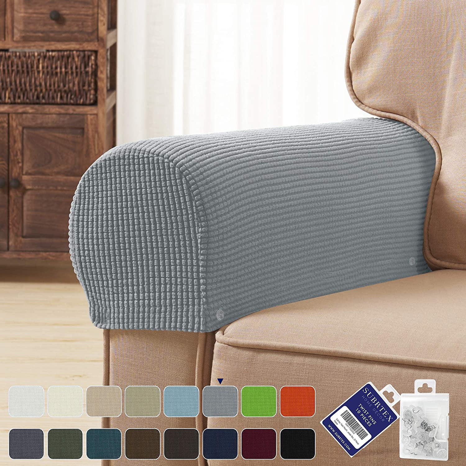 Subtrex Stretch Textured Grid Washable Sofa Armrest Slipcover (Set of 2