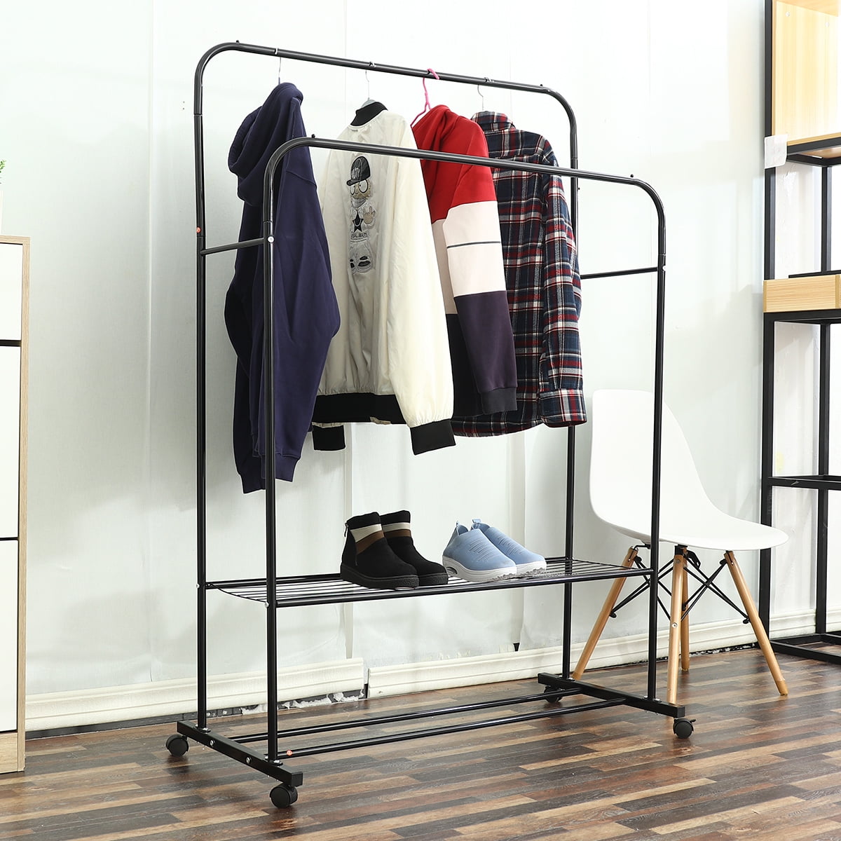 Black/White Heavy Duty Metal Garment Rack Dual Rail Rolling Hanging