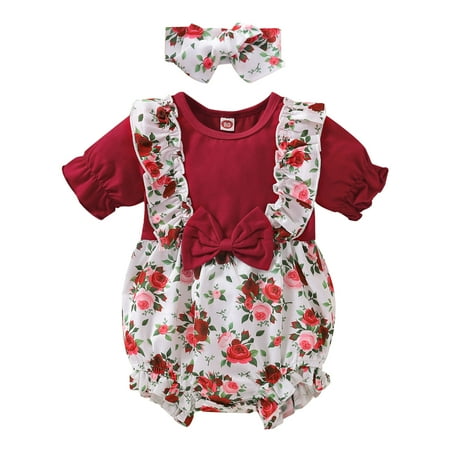 

MERSARIPHY Baby Girls Romper Flower Printing Splicing Fake Two Pieces Bow Jumpsuit + Headwear