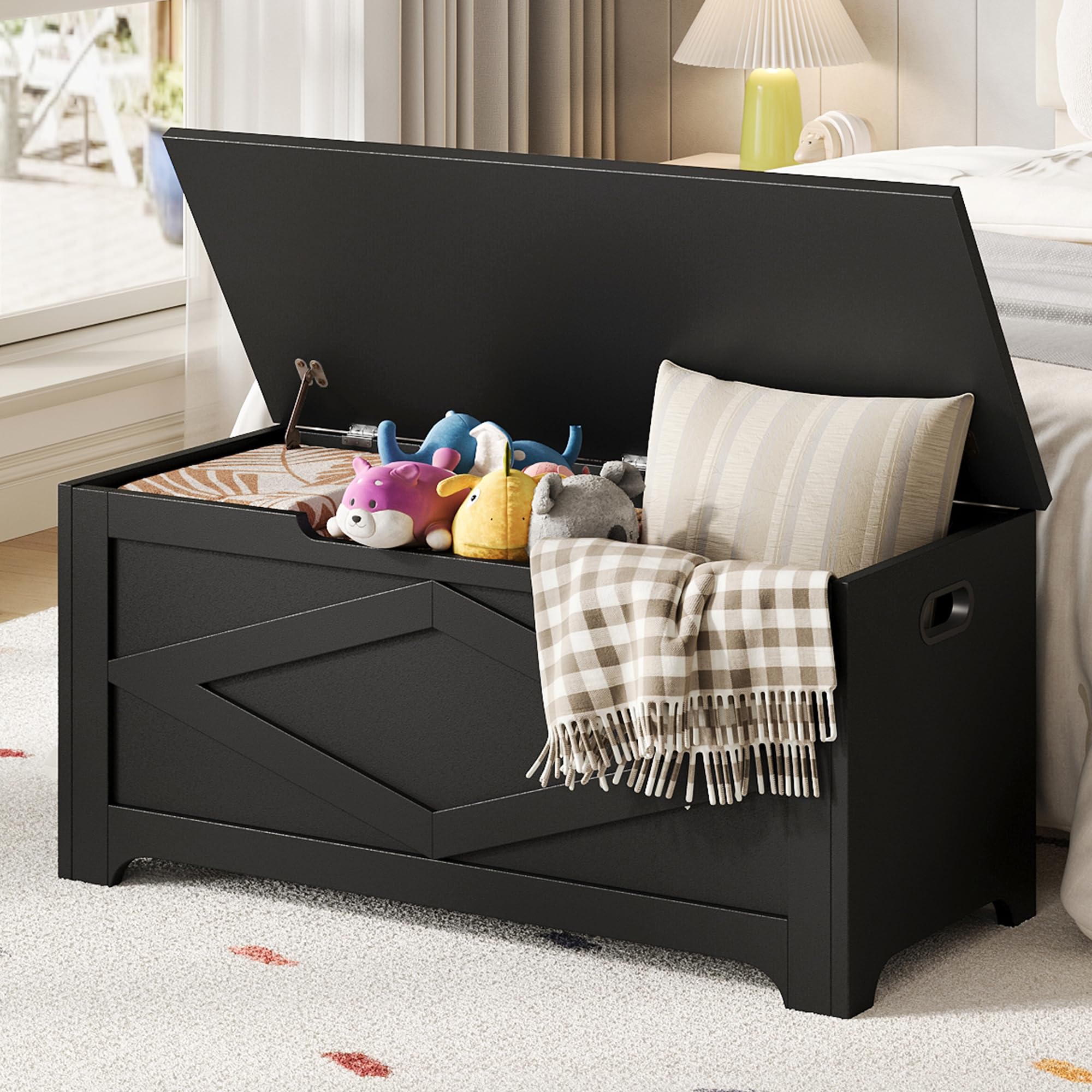 Juiluna 39.4" Storage Chest, Wooden Storage Bench with Safety Hinges, Easy Assembly, Large Toy Chest for Entryway, Living Room, Bedroom