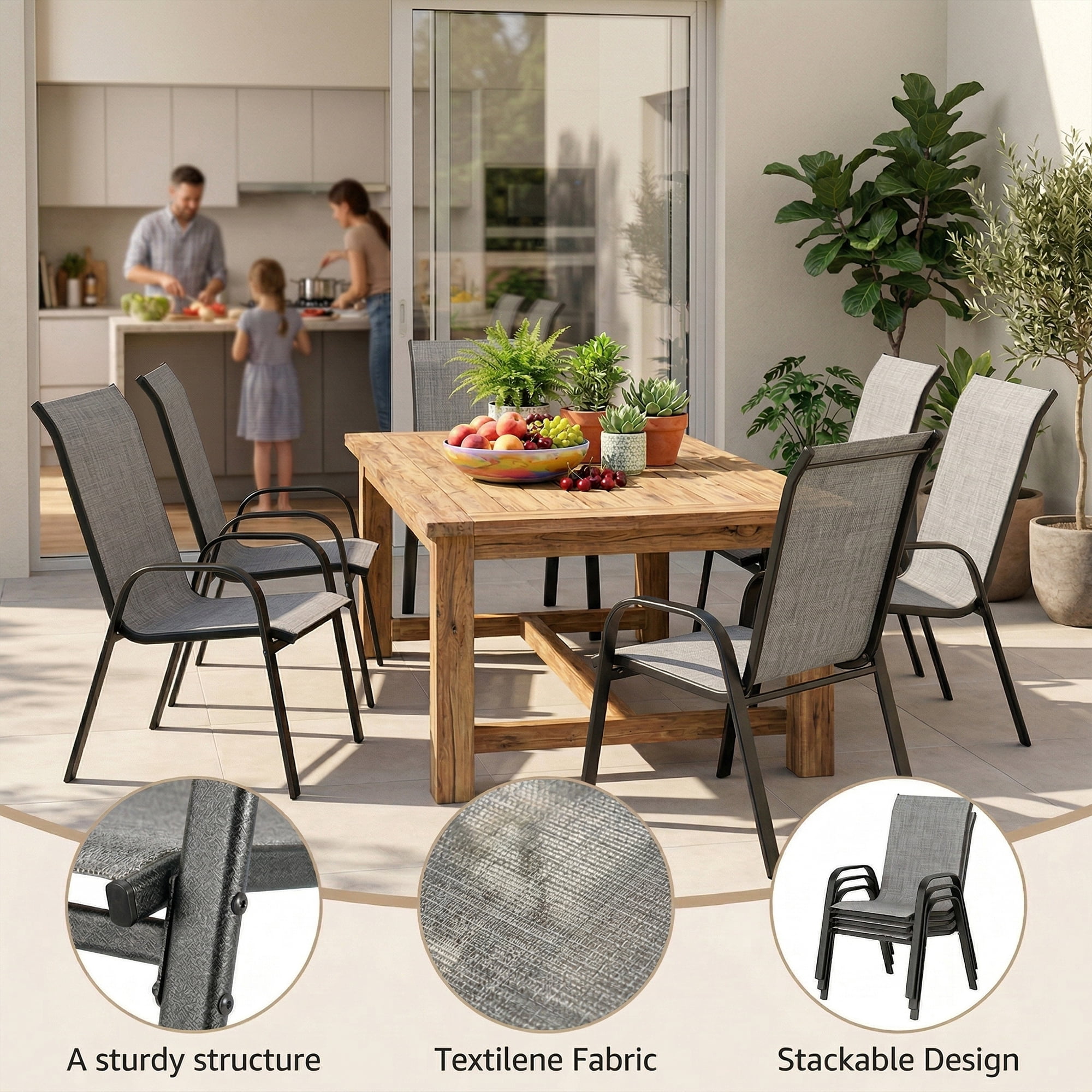Guqiart Patio Chairs Set of 6, Stackable Outdoor Dining Chairs, All-Weather Textilene, Metal Frame, 350 lbs Capacity