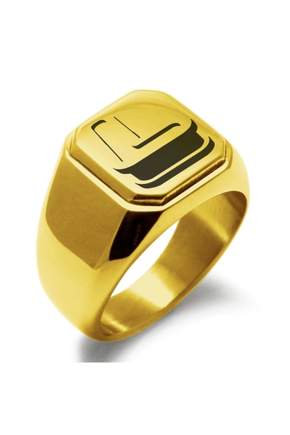 Stainless Steel Letter L Initial 3D Monogram Engraved Engraved Square Flat Top Biker Style Polished Signet Ring
