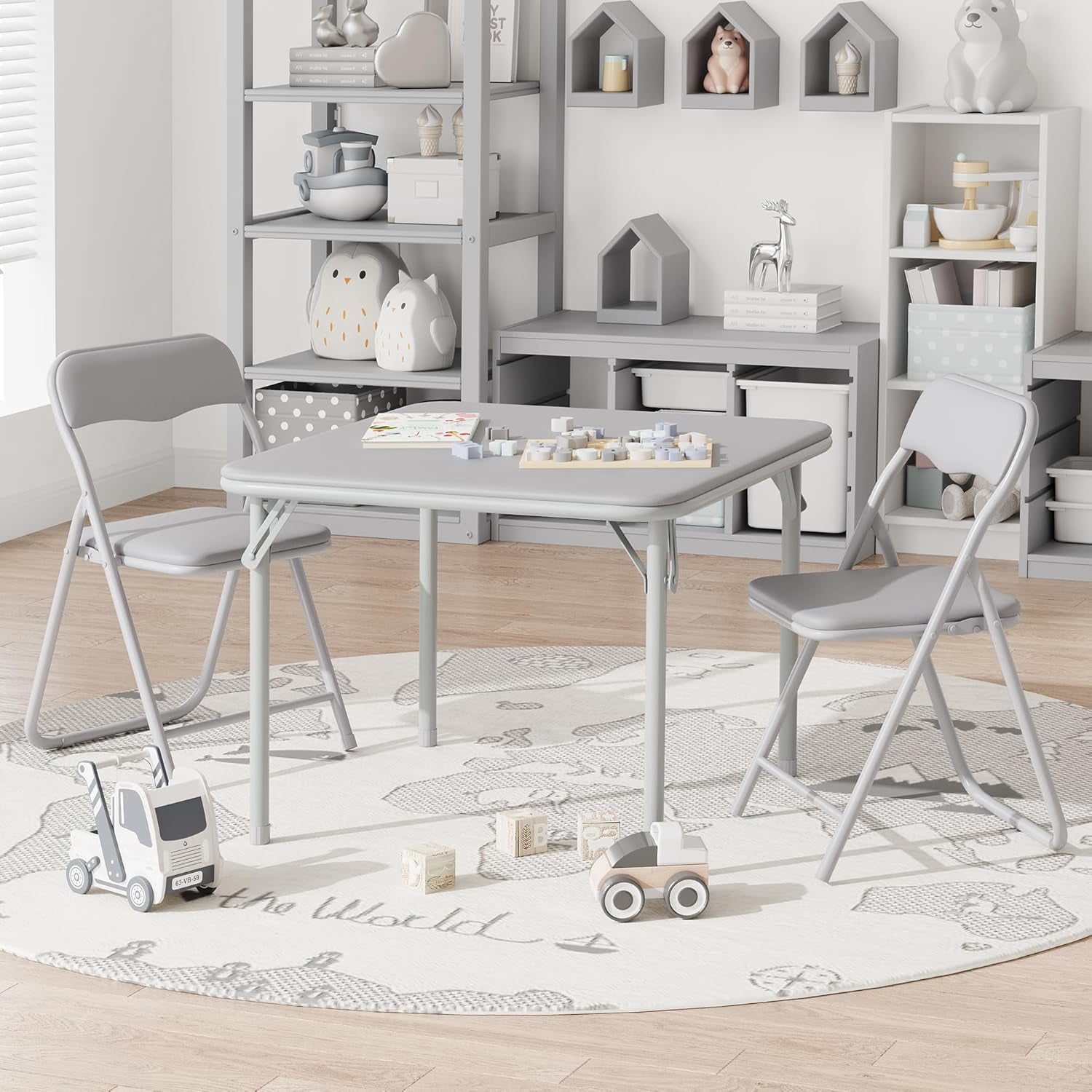 Boys and Girls Folding Table and Chairs Set of 3, Portable Table and Chair with Pu Soft Cushion,Suitable for Eating,Reading and Playing