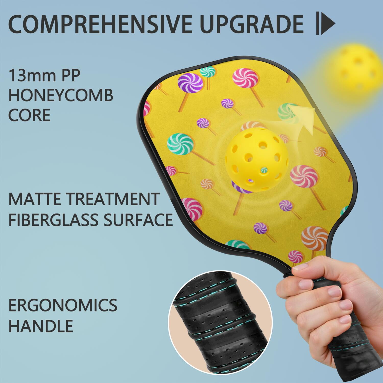 Pickleball Paddles Set Of 2, Fiberglass Surface, Sweet Candy Print, 4 Balls & Bag