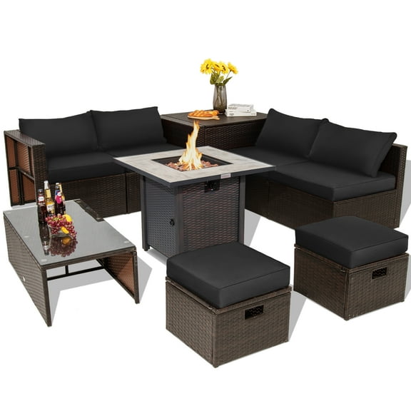 Topbuy 9 Steel Sectional Outdoor Conversation Sets with Sofa and Table, Brown/Black
