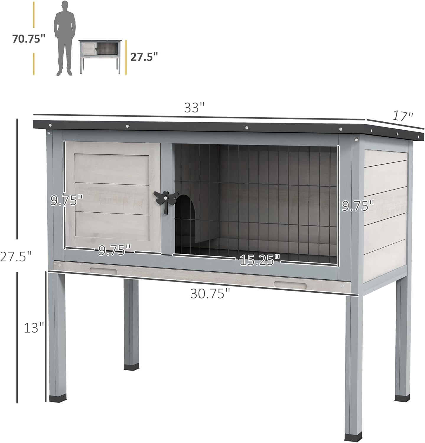 LEHOME Elevated Wooden Rabbit Hutch, Indoor/Outdoor Bunny Cage with Hinged Asphalt Roof and Removable Tray for Guinea Pig, Light Gray