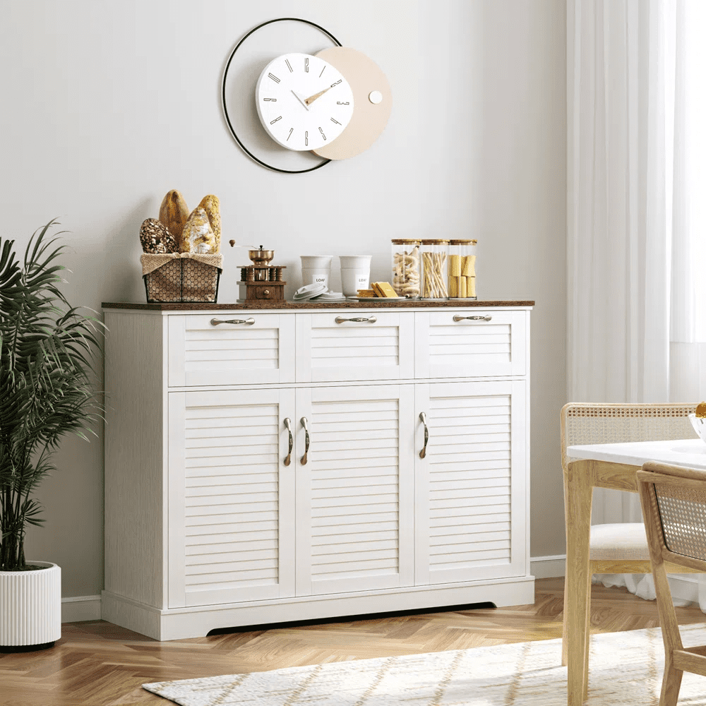 Homfa 53.5'' Kitchen Buffet Cabinet with Adjustable Shelves, Wood Storage Cabinet with 3 Drawer & 3 Doors for Dining Room, White