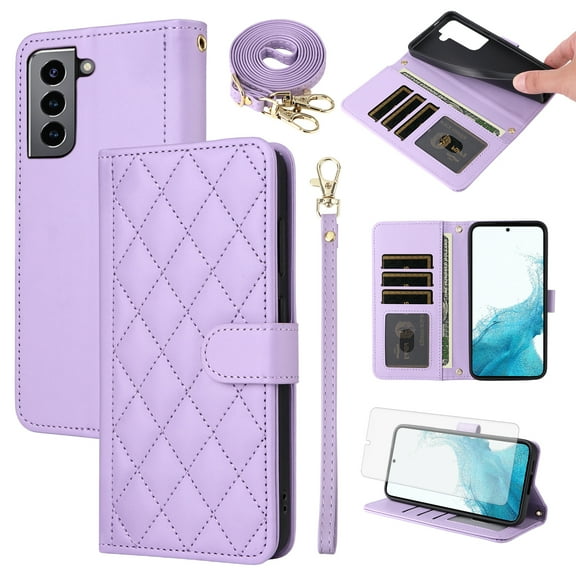 Furiet Argyle Wallet Case for Samsung Galaxy S21 FE 5G with Tempered Glass Screen Protector Wrist Strap Shoulder Strap, Card Slot Stand Phone Cover for S 21 EF S21FE5G UW S21FE 21S G5 6.4 inch Purple