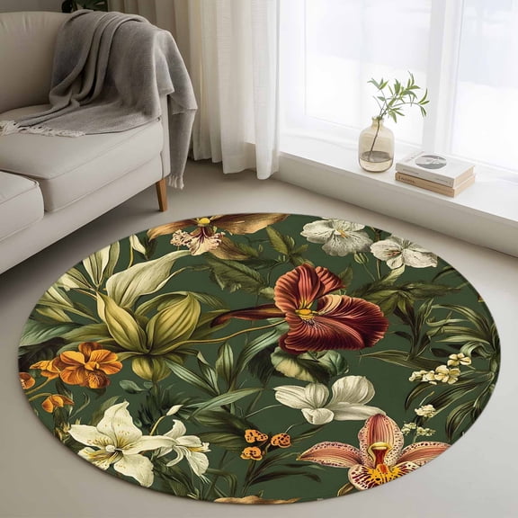 Round Rugs 3Ft, Tropical Botanical Round Area Rug Washable Indoor Throw Carpet, Summer Vintage Flowers Blooms Small Non Slip Circle Rug for Bedroom Living Room Home Decor Aesthetic
