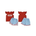 thumbnail image 2 of BemeyourBBs Toddler Baby Girls Summer Clothes Kids Baby Girl Back to School Pre Kindergarten Outfits Apple Embroidered Flying Sleeve T Shirt Tops Ruffled Striped Shorts Set, 2 of 9