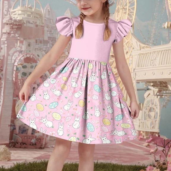 ATOGUTA Girl Dresses Ruffle Sleeve Easter Dresses Girl Long Midi Springs Dress Kids Smocked Flare Summer Dress Size 3T-14. Pink