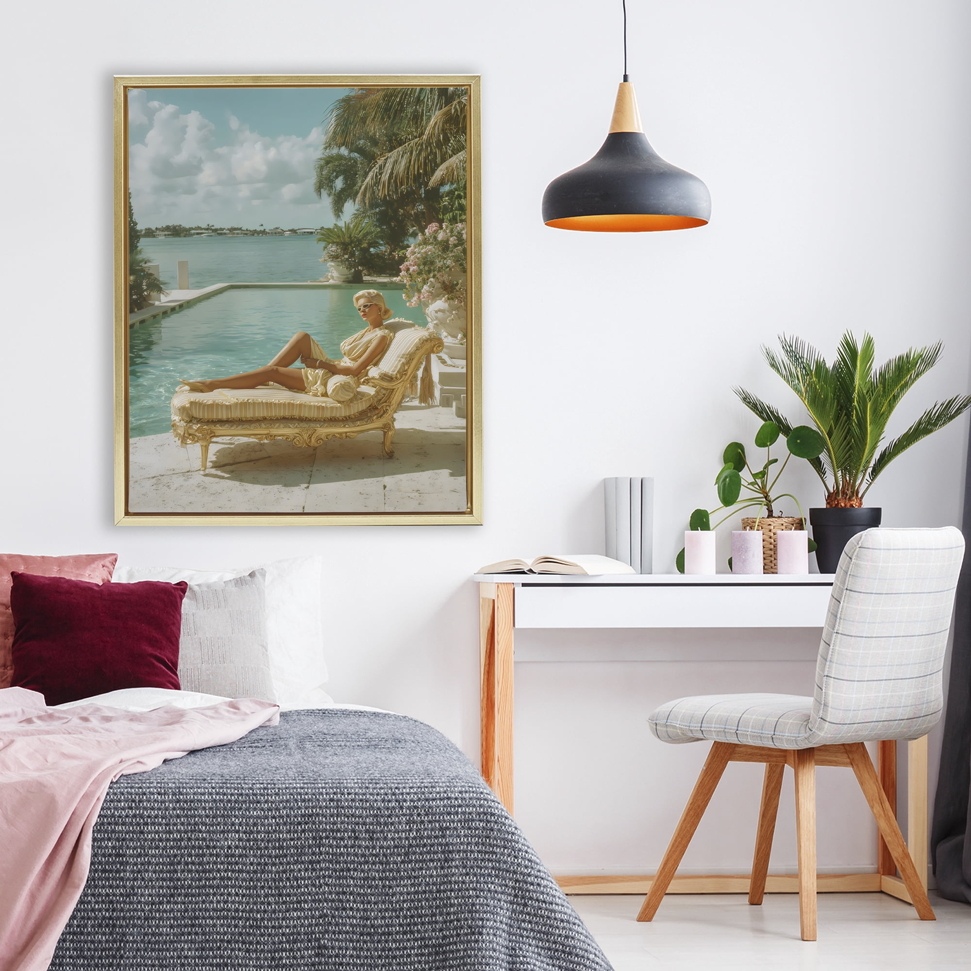Stupell Industries Vintage Poolside Woman Gold Framed Floater Canvas Wall Art, design by Franklyn Gregory