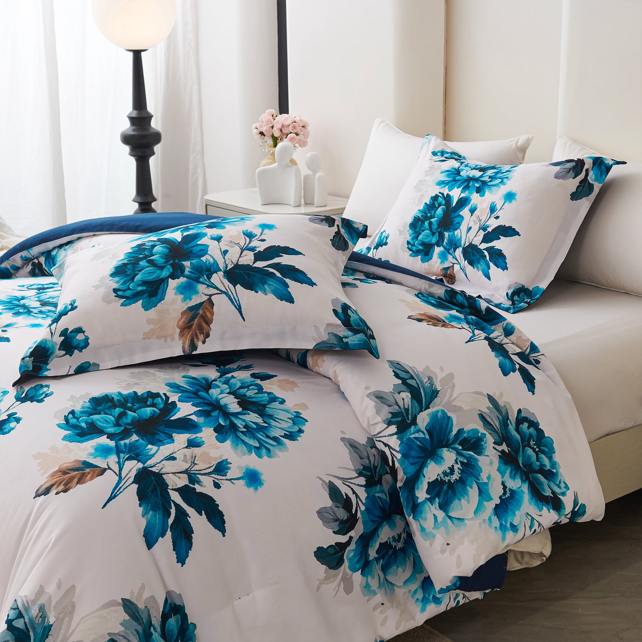 Koniroom 3 Pieces Blue and White Floral Comforter Set King Size, Flower Bedding with Vintage Watercolor Flower for Women, Reversible All Season Comforter with 2 Pillow Shams