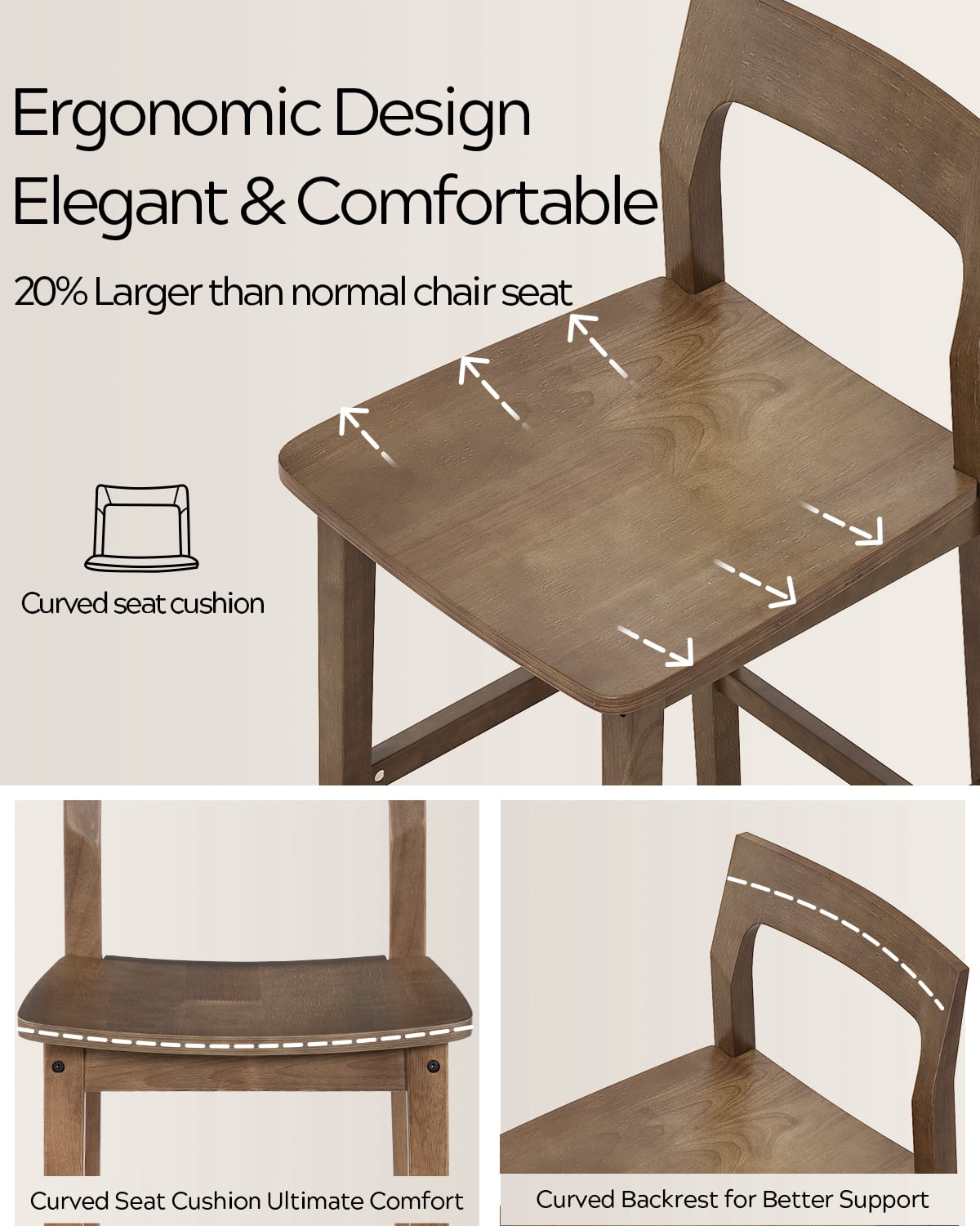 EYYTHUNG Modern Farmhouse Bar Stools 25 inch Mid-Century Solid Wood Counter Height Stools with Back Support Barstools Chairs for Kitchen Dining Room Set of 2, Brown