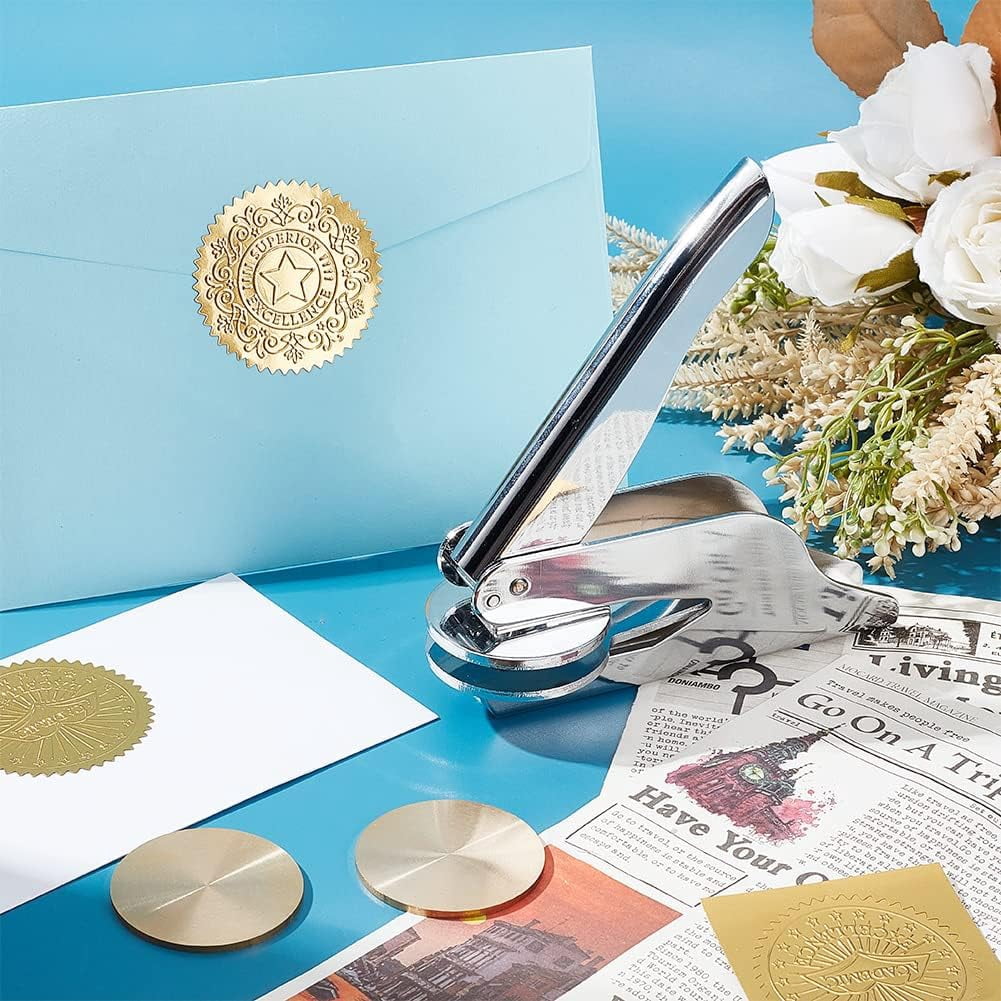 Book Embosser Personalized Stainless Steel Embosser Seal Embosser Personal Seal Embosser Hand-Held Embossing Stamp with 2pcs Blank Steel Disc for Library Books Envelopes Napkins