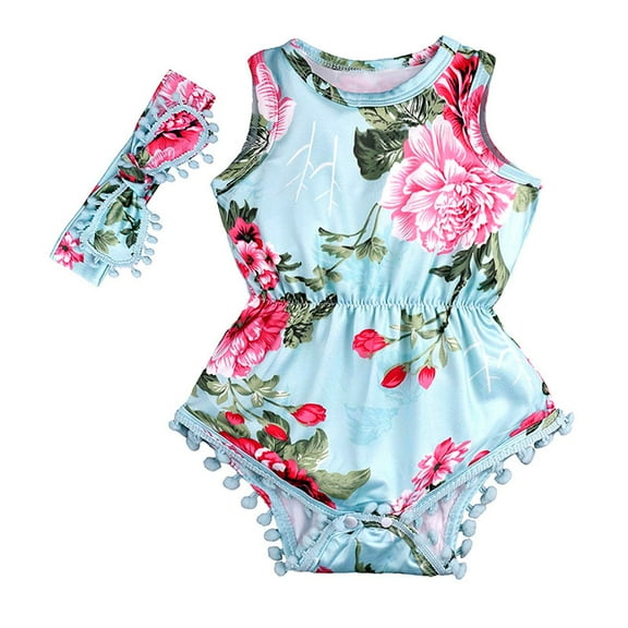 Utoimkio Infant Baby Girls Romper Dress Floral Print Sleeveless Ruched Jumpsuits Skirts One Piece Bodysuits with Headband