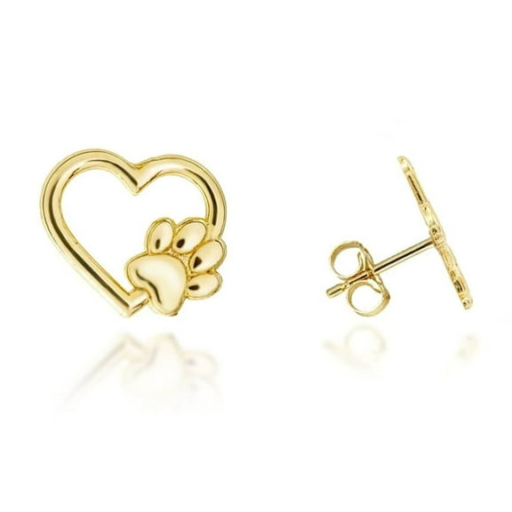 Yellow Gold Dog Paw Print Heart Stud Earrings (10K)