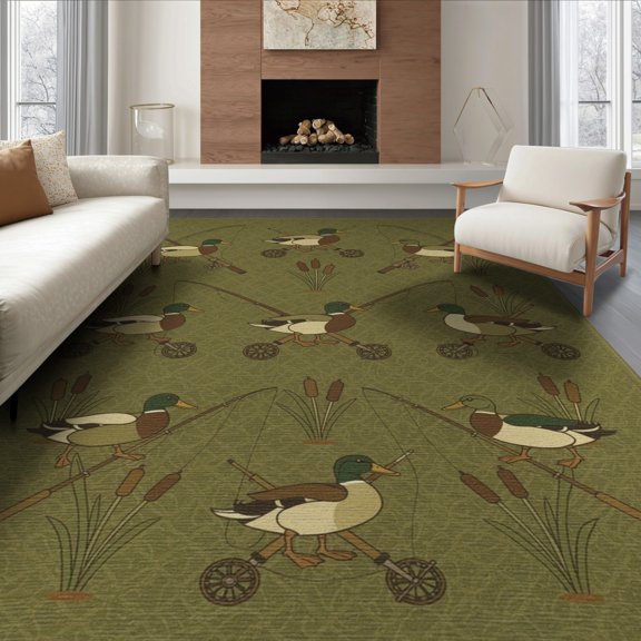 ODIKA 8'x10' Washable Area Rug Hunting Mallard Fishing Reel Cattail Border Theme Vintage Lure for Living Room, Under Sectional, Family , Durable, Non-Slip