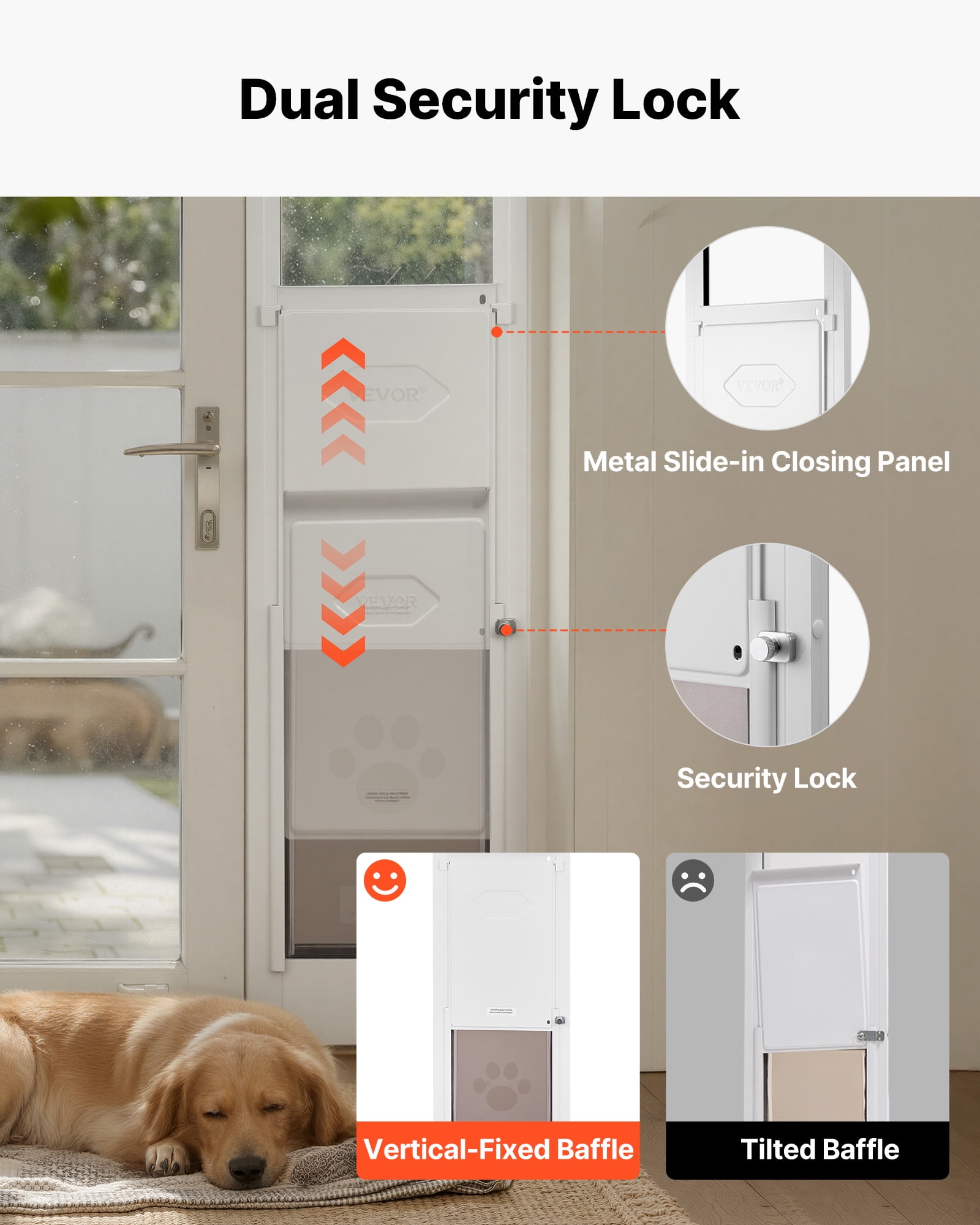 VEVOR Dog Door for Sliding Glass Door, 91 to 96 in Adjustable Height, Aluminum Alloy Frame with Metal Rotating Hinges, Lock Design, 10 1/4 x 16 1/4 in Flap, Sliding Glass Pet Door for Renters