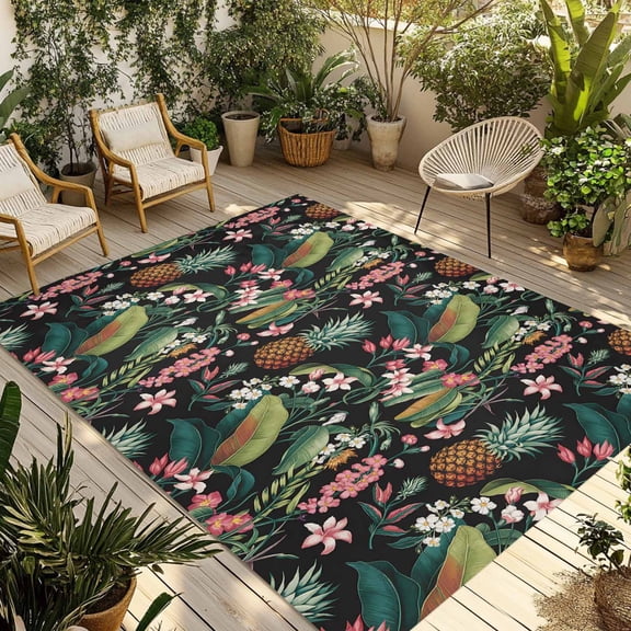 Fsddascl Summer Tropical Outdoor Rug for Patio/Deck/Porch, Non-Slip Large Area Rug 4 x 6 Ft, Pineapple Floral Botanical Leaves Indoor Outdoor Rugs Washable Area Rugs, Reversible Camping Rug Carpet