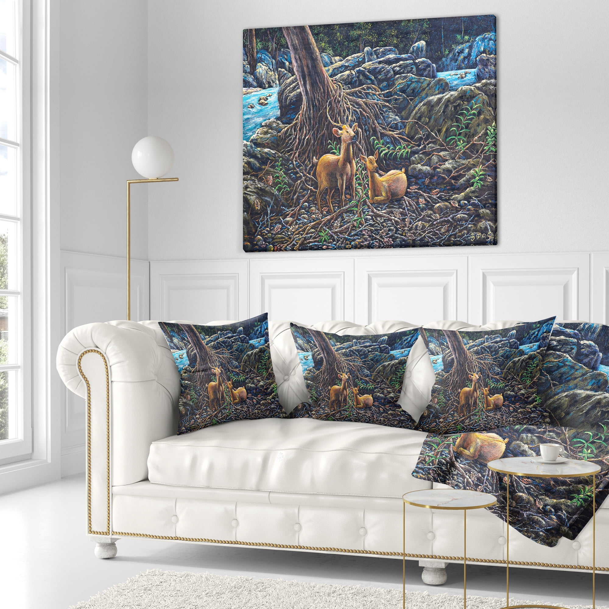 Designart Deer in Forest - Landscape Painting Throw Pillow - 18x18