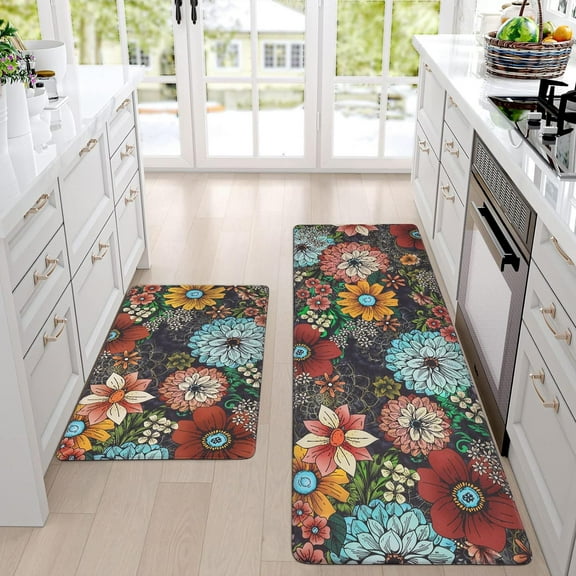 Boho Kitchen Rugs Set of 2 Non Slip Washable, Farmhouse Floral Kitchen Mats Cushioned Anti Fatigue, Waterproof Rugs for Kitchen Floor Mats for in Front of Sink, 18'''' x 48'''' 18'''' x 30''''