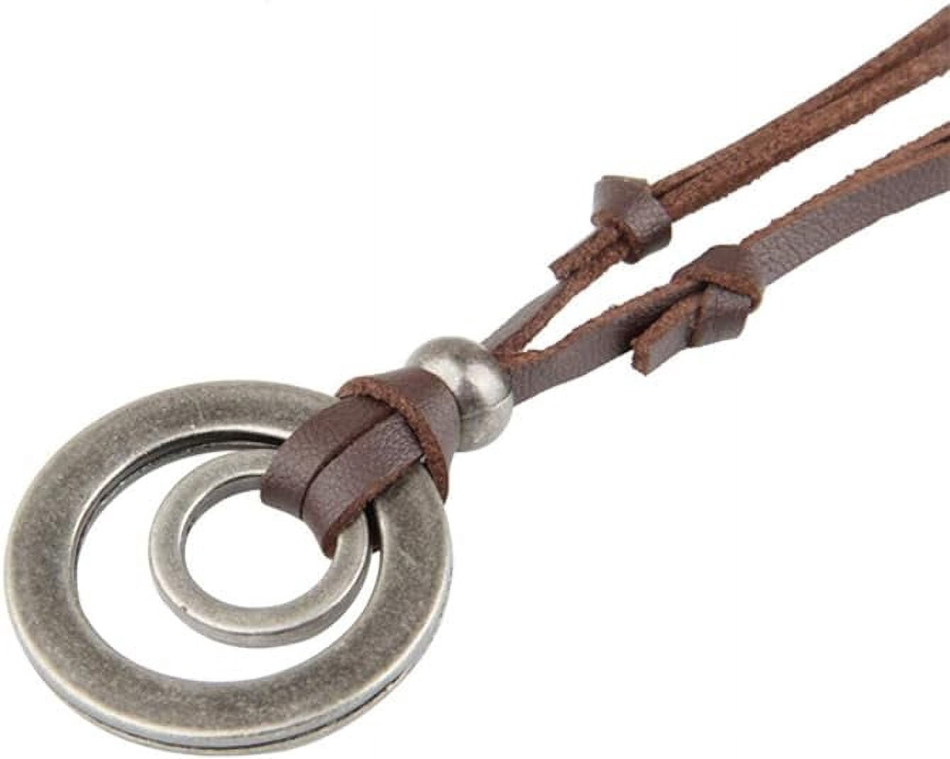 2pcs Leather Necklace for Men Double Circle Rings Leather Rope Pendant Necklace Punk Leather Chain Disc Ring Necklace Vintage Jewelry Gift