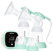 Zomee Double Electric Breast Pump, Milk Flow Stimulating Massage with 9 Express Modes and Speeds, Comfortable Cushion Shields, LCD Screen, Anti Backflow System, Battery or AC Adapter
